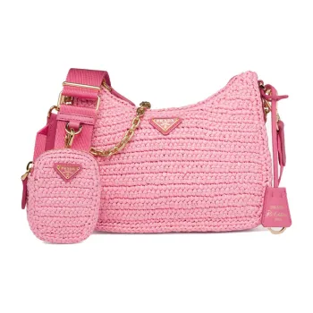 PRADA Re-Edition Raffia Raffia Fiber Hobo Bag Shoulder Bag Combination Handbag Women's Petal Pink