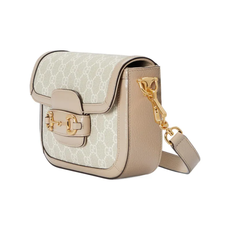 GUCCI Horsebit 1955 Canvas With Leather Saddle Bag, Shoulder Bag, Crossbody Bag Mini Women's Beige/White-1