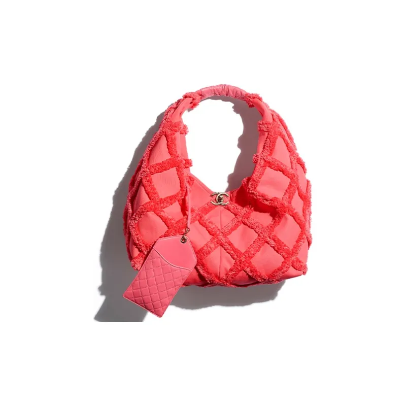 CHANEL Cotton Canvas With Calfskin HOBO Shoulder Bag Tubas Women's Coral-3