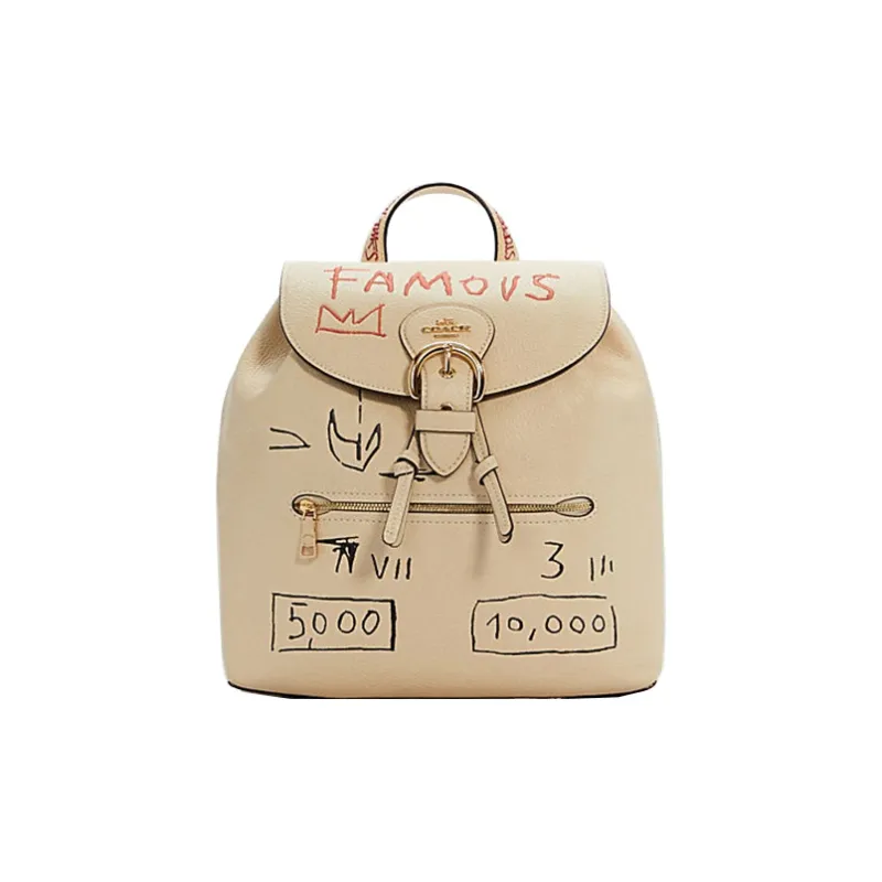 COACH Basquiat Collaboration Kleo Leather Backpack Large Size Women's Khaki-0