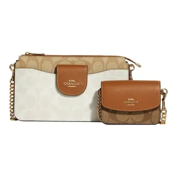 COACH Canvas With Smooth Leather Combo Bag Small Card Holder 2 in 1 Crossbody Bag Small Size Women's Brown White Khaki