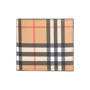 Burberry Cow Leather Card Holder Wallet Unisex Khaki Black Plaid