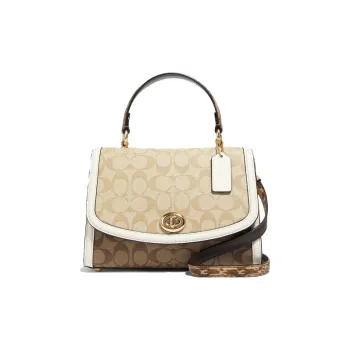 COACH Tilly Canvas With Leather Handbag, Crossbody Bag, Shoulder Bag Medium Size Women's Khaki And Brown Monogram