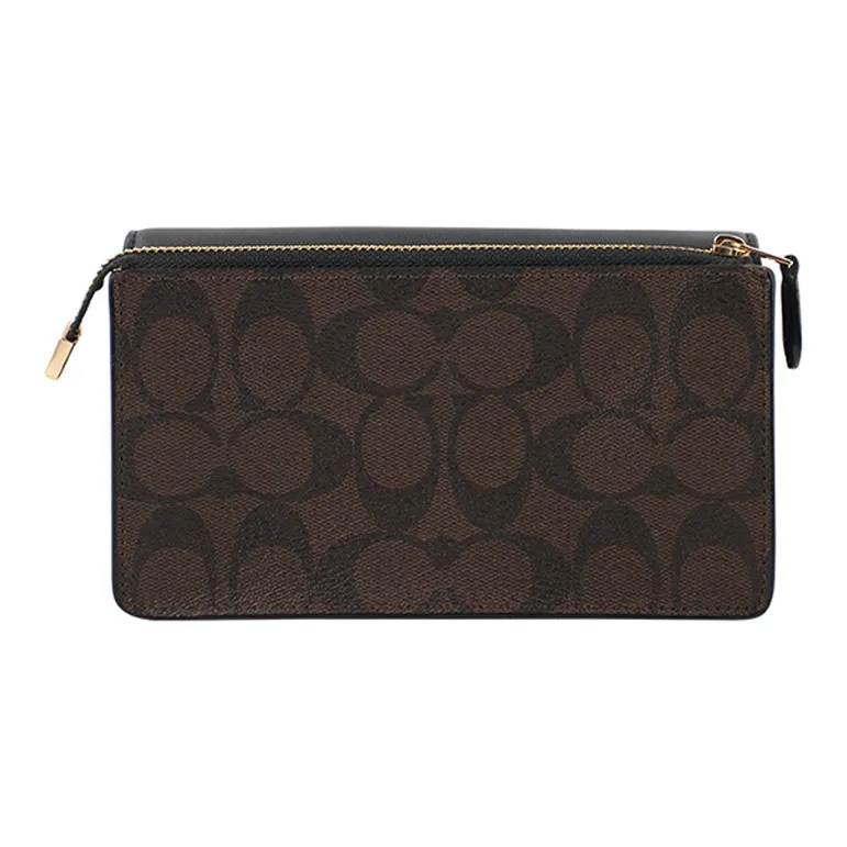 COACH Foldover PVC Canvas With Leather Wrist Bag Mahjong Bag Clutch Women's Black & Dark Brown Monogram-2