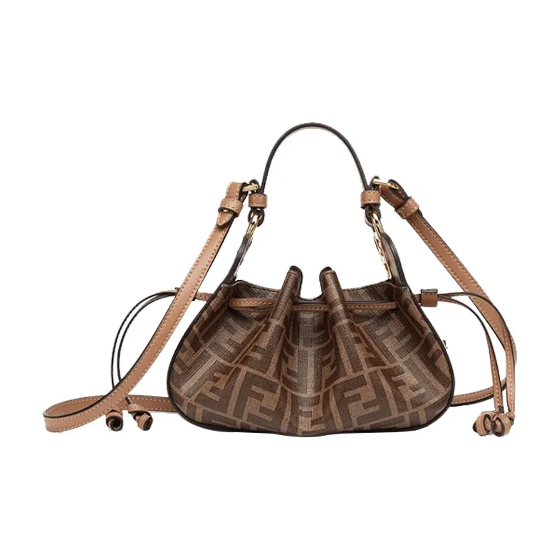 FENDI PU Fabric With Leather Accents Drawstring Shoulder Bag Crossbody Bag Handbag Mini Women's Brown-0