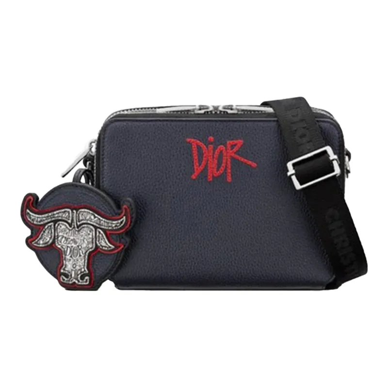 DIOR Shawn Collaboration Grained Calfskin Handheld Crossbody Bag Shoulder Bag Men's Navy-0