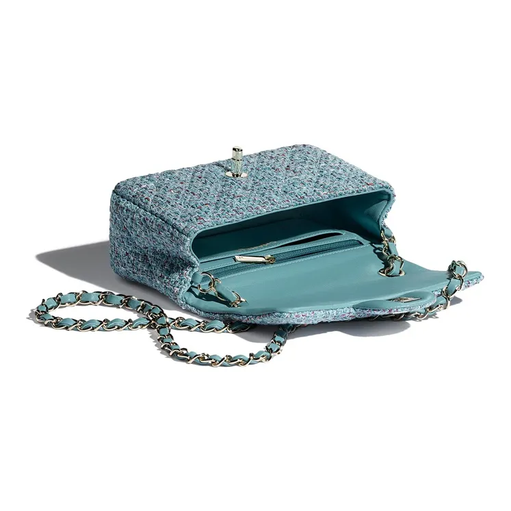 CHANEL Classic Flap CF Wool & Metal Mouth Cover Bag, Crossbody Bags, Shoulder Bags Mini Women's Turkish Blue & Silver-2
