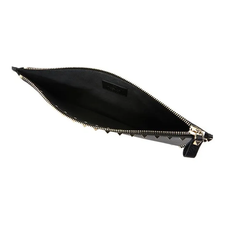 Valentino ROCKSTUD Rough Cow Leather Clutch Women's Classic Black-4
