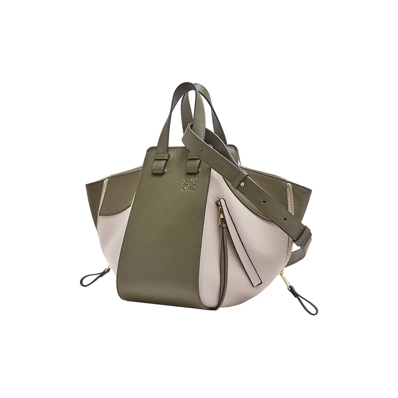 LOEWE Hammock Classic Cow Leather Hammock Bag Handbag Shoulder Bag Crossbody Bag Small Size Women's Green/Light Oat-1