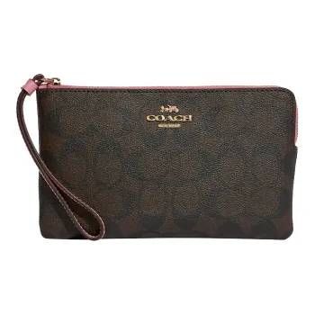 COACH Corner Zip Canvas With Leather Mahjong Set Clutches Large Size Women's Brown With Pink