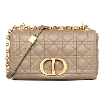 DIOR Caro Wicker Pattern Cow Leather Shoulder Bag Crossbody Bag Medium Size Women's Warm Taupe Gray