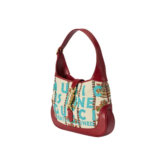 GUCCI Jackie 1961 Canvas With Leather Trim Crescent Shoulder Bag Shoulder Bag Small Size Women's Ecru & Red-1