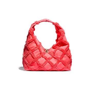 CHANEL Cotton Canvas With Calfskin HOBO Bag Shoulder Bag Large Size Women's Coral