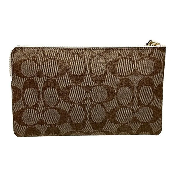 COACH Corner Zip Canvas With Leather Pochette Clutch Large Size Women's Khaki & White Wristband-2