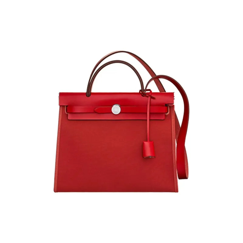 HERMES Herbag Canvas Cowhide Handbag Shoulder Bag Crossbody Bag Women's Red/Woodland Pink-0