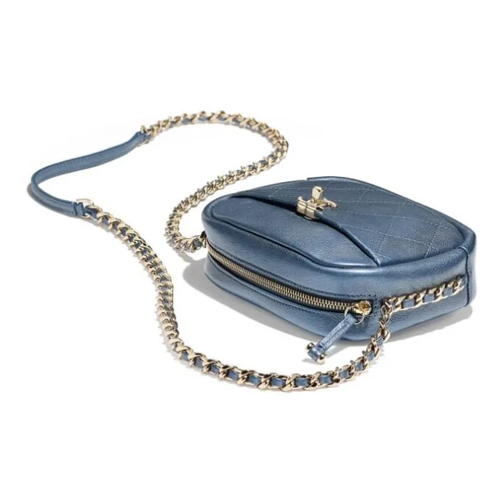 CHANEL Metal Texture Sheepskin With Bright Gold Metal Camera Bag, Shoulder Bag, Crossbody Bag Women's Blue-2