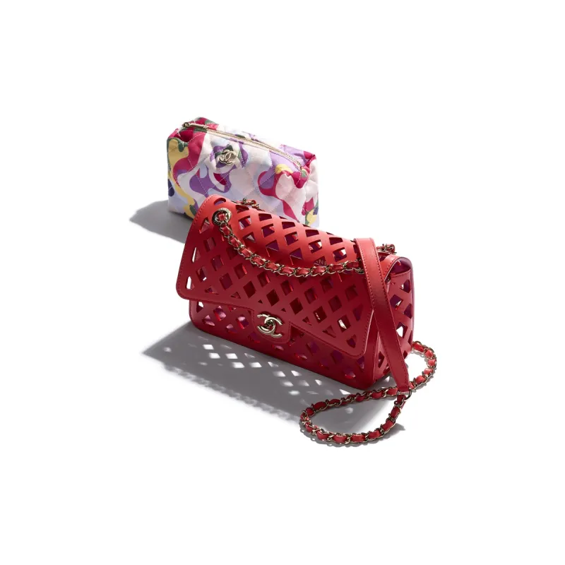 CHANEL Classic Flap CF Calfskin & Fabric & Metal Crossbody Bag, Shoulder Bag Women's Red-1