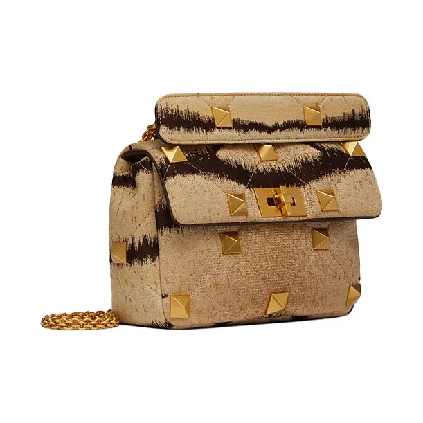 Valentino ROMAN STUDTiger 1967 Jacquard Leather Handbag Shoulder Bag Crossbody Bag Medium Size Women's Brown-1