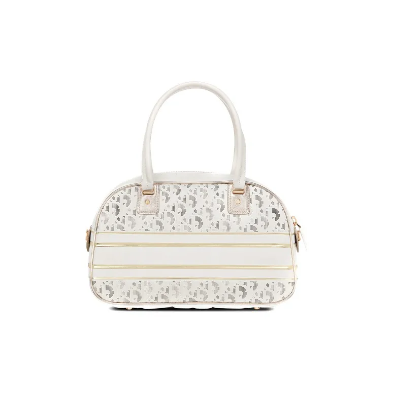 DIOR Cow Leather Bowling Bag, Gym Bag, One Shoulder Crossbody Bag, Travel Bag, Handbag Medium Size Women's White/Gold-1
