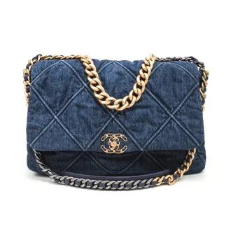 CHANEL 19Bag Denim Mouth Cover Bag Messenger Bag Crossbody Bag Large Size Women's Blue