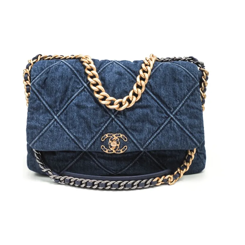 CHANEL 19Bag Denim Mouth Cover Bag Messenger Bag Crossbody Bag Large Size Women's Blue-0