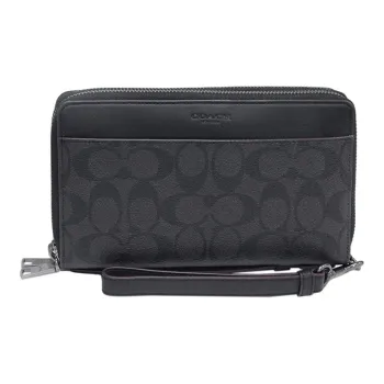 COACH Double Zip Wallet Coated Canvas With Leather Card Holder, Wallet Men's Black