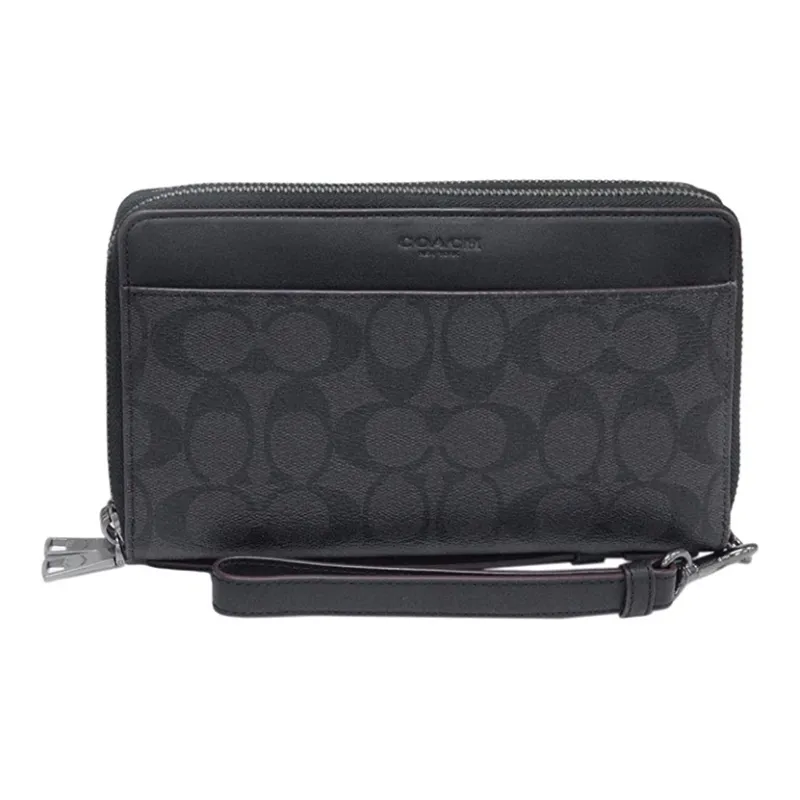 COACH Double Zip Wallet Coated Canvas With Leather Card Holder, Wallet Men's Black-0