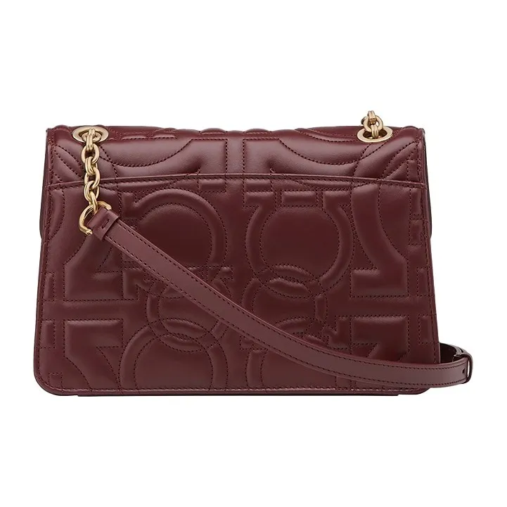 FERRAGAMO Cow Leather Shoulder Bag Crossbody Bag Large Size Women's Burgundy-2