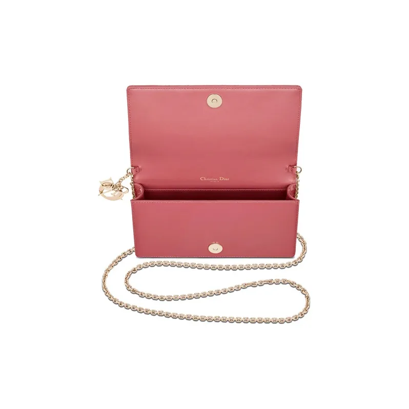 DIOR Lady Dior Cow Leather Card Holder Coin Purse One Shoulder Crossbody Clutch Women's Thistle Pink-2