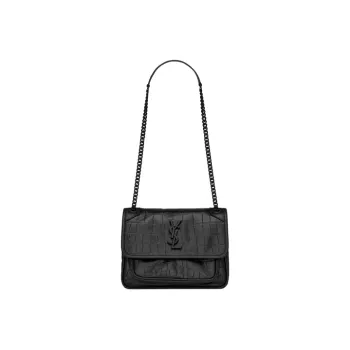 SAINT LAURENT Niki Crocodile Pattern Embossed Leather Hobo Bag Crossbody Bag Shoulder Bag Women's Black