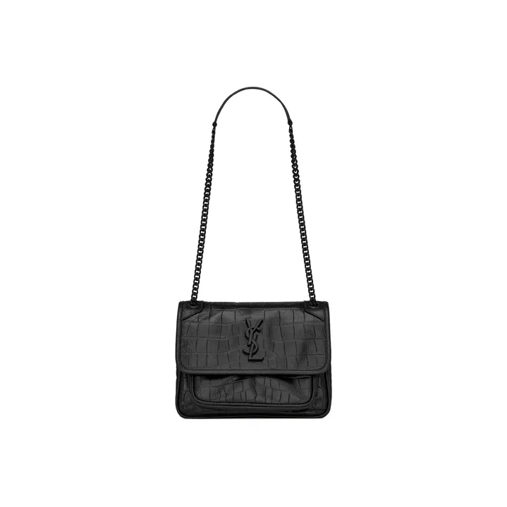 SAINT LAURENT Niki Crocodile Pattern Embossed Leather Hobo Bag Crossbody Bag Shoulder Bag Women's Black-0