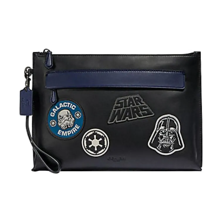 COACH Star Wars Xingji Large War Collaboration Pouch Smooth Finish Calfskin Wallets Clutches Large Size Men's Black-0