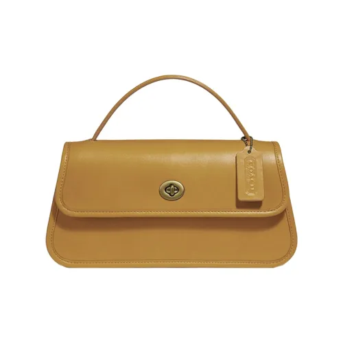 COACH Turnlock Leather Portable One Shoulder Crossbody Clutches Large Size Women's Yellow