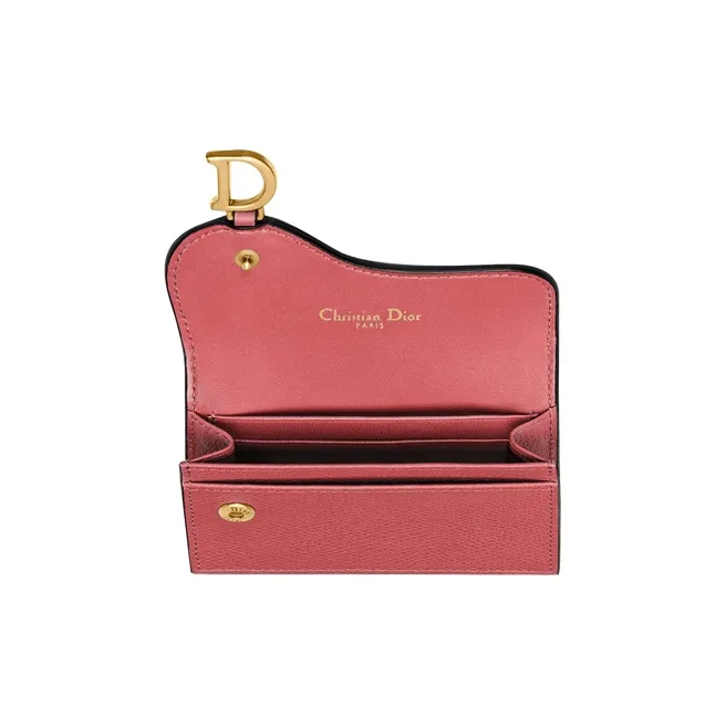 DIOR Saddle Grain Cow Leather Card Holder Women's Gray Pink-2