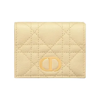 DIOR Caro Calfskin Coin Purse Card Holder Clutch Wallet Women's Custard