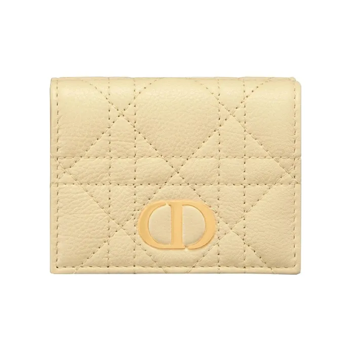 DIOR Caro Calfskin Coin Purse Card Holder Clutch Wallet Women's Custard-0
