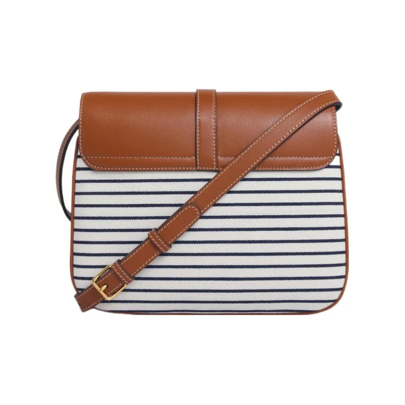 CELINE Tabou Stripes Textile, Cow Leather One Shoulder, Crossbody Bag Medium Size Women's Marine Blue/Tan-1