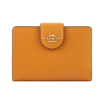 COACH Corner Zip Solid Color Cross Grain Leather Snap Closure Foldable Wallet Mini Women's Candy Orange