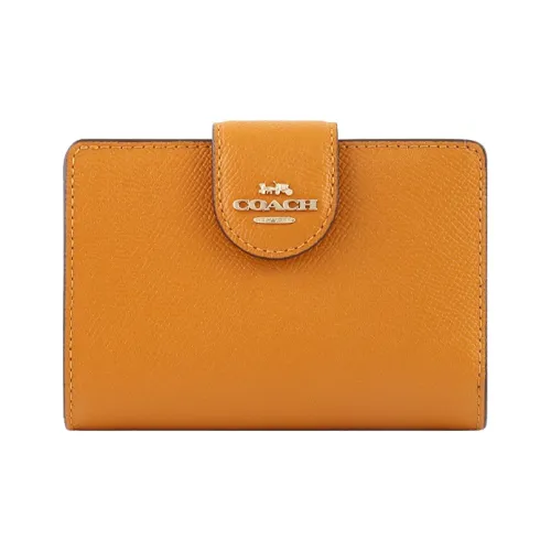 COACH Corner Zip Solid Color Cross Grain Leather Snap Closure Foldable Wallet Mini Women's Candy Orange