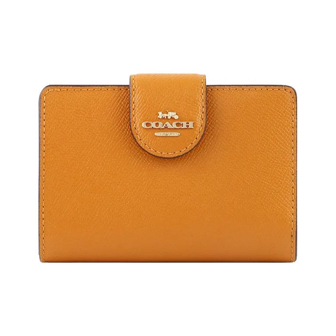 COACH Corner Zip Solid Color Cross Grain Leather Snap Closure Foldable Wallet Mini Women's Candy Orange-0