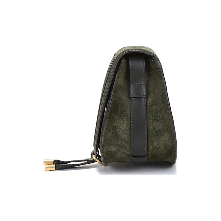 Chloe Marcie Suede Patchwork Shiny Calfskin Saddle Bag, Shoulder Bag, Crossbody Bag Mini Women's Night Forest Green-2
