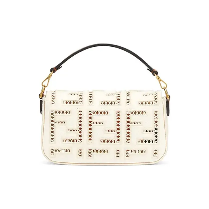 FENDI Baguette Canvas With Leather Baguette Bag Handbag Shoulder Bag Crossbody Bag Mini Women's White/Brown-2