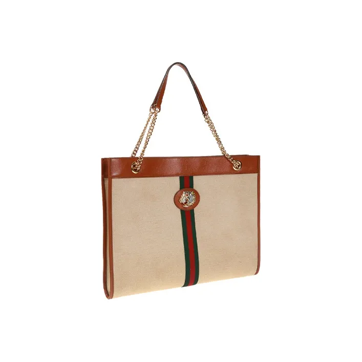 GUCCI Canvas With Leather Canvas Bag Tote, Chain One Shoulder Handbag Large Size Unisex Beige/Brown-1