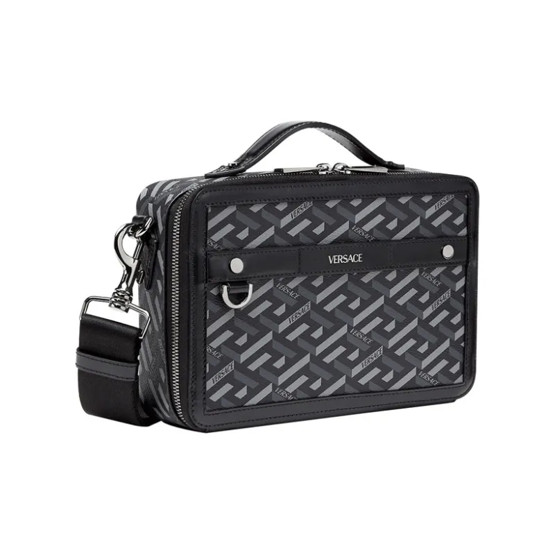 VERSACE Coated Canvas With Leather Messenger Bag Shoulder Bag Crossbody Bag Regular Unisex Black Gray Color-2