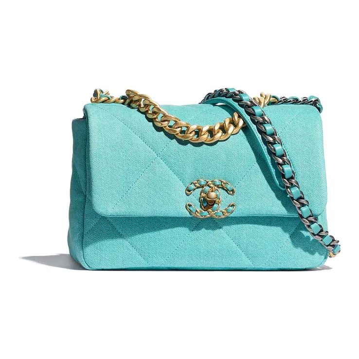 CHANEL 19Bag Denim With Calfskin Shoulder Bag, Crossbody Bag Trumpets Women's Fluorescent Blue-0