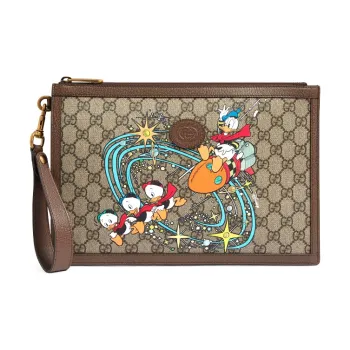 GUCCI Disney Collaboration Leather Logo Canvas With Leather Clutch Unisex Ebony
