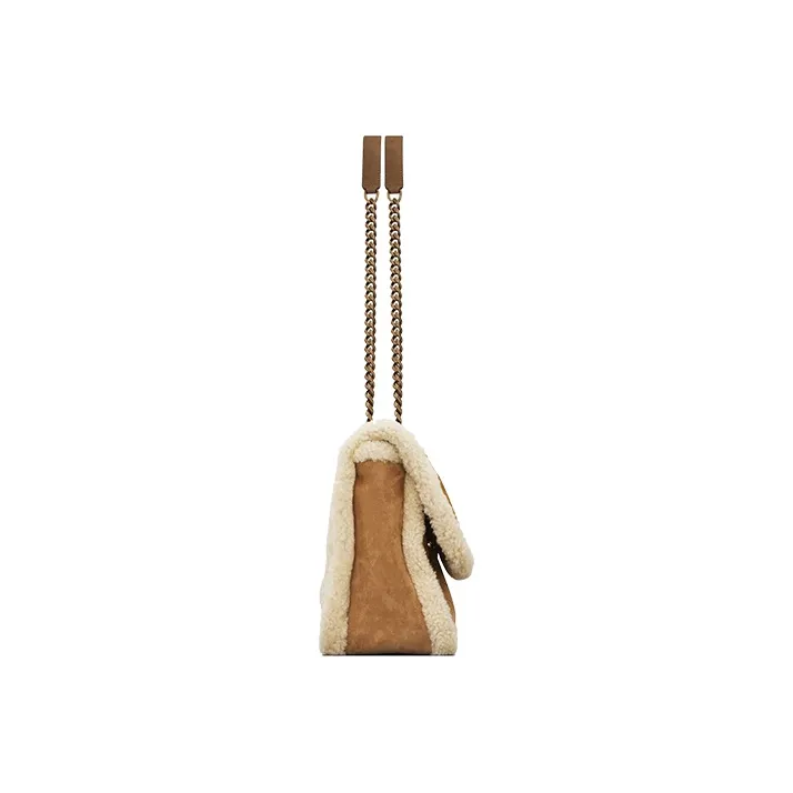 SAINT LAURENT Cowhide Leather Patchwork Wool Hobo Bag, Shoulder Bag, Crossbody Bag Medium Size Women's Camel & Beige-4