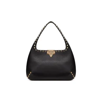 Valentino Rockstud Grained Calfskin Hobo Bag Dumpling Bag Shoulder Bag Handbag Small Size Women's Black