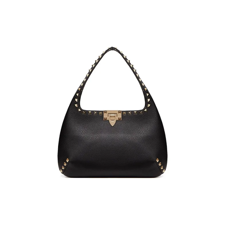 Valentino Rockstud Grained Calfskin Hobo Bag Dumpling Bag Shoulder Bag Handbag Small Size Women's Black-0