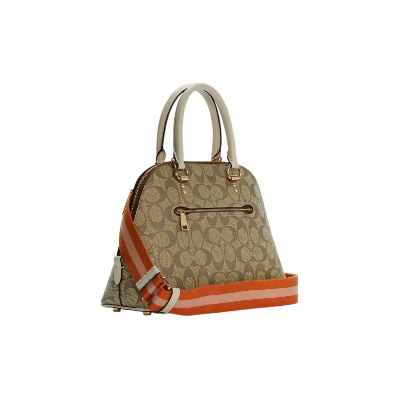 COACH Katy Canvas With Leather One Shoulder Crossbody Dome Bag Handbag Large Size Women's Khaki & Orange-1